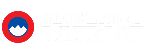 Bel logotip blagovne znamke Slovenski Patriot, ki prikazuje simbol Triglava v modro-beli barvi z rdečim krogom.
