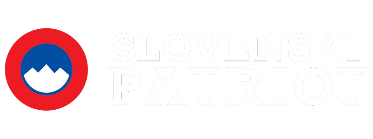Bel logotip blagovne znamke Slovenski Patriot, ki prikazuje simbol Triglava v modro-beli barvi z rdečim krogom.
