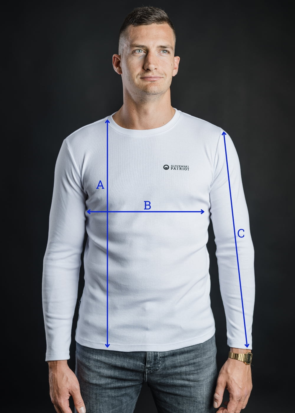Prikaz mer za majico z dolgimi rokavi – dolžina in širina – tabela velikosti Slovenski Patriot.