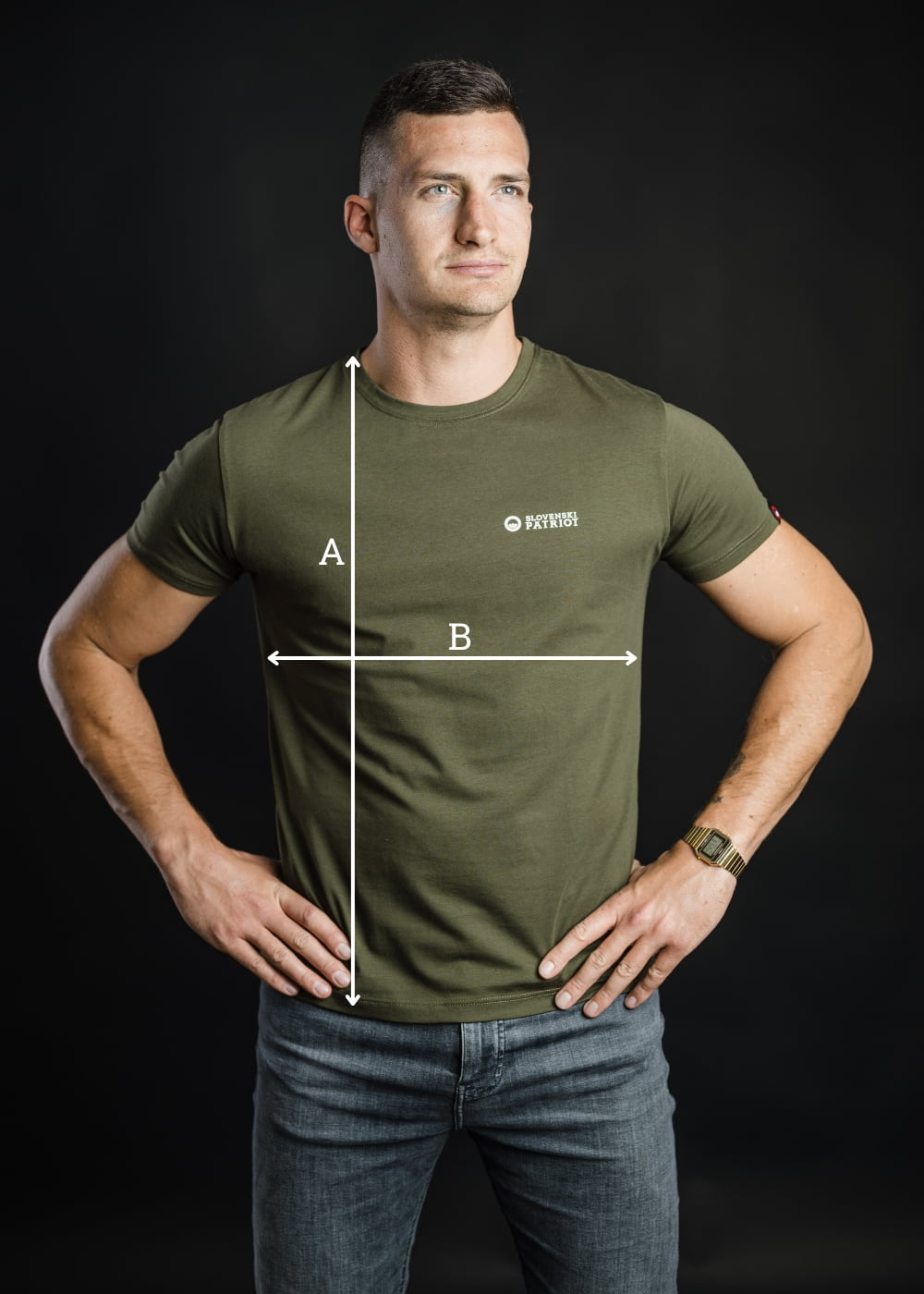 Prikaz mer za moško majico – dolžina A in širina B – tabela velikosti Slovenski Patriot.