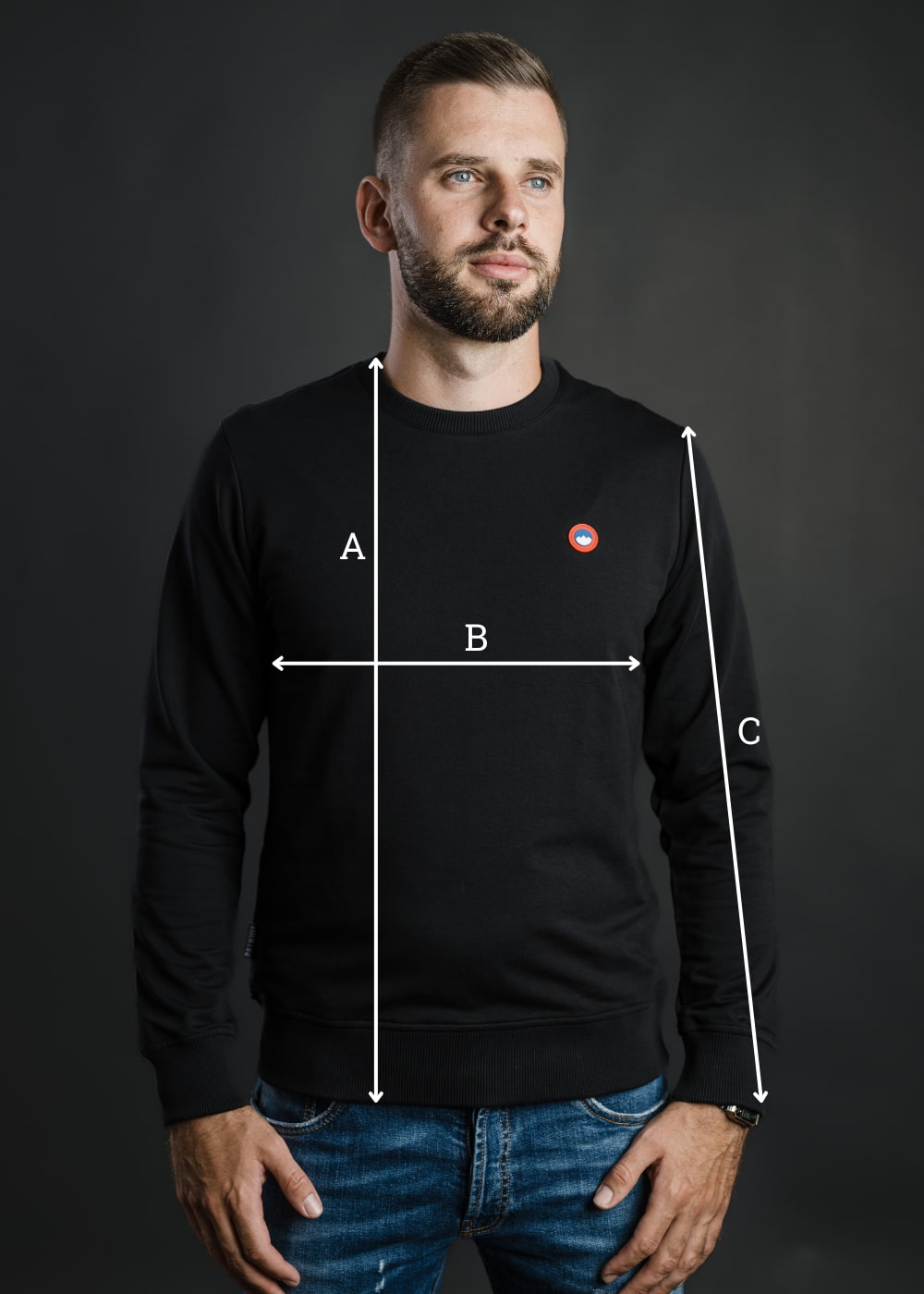 Prikaz mer za pulover – dolžina A in širina B – tabela velikosti Slovenski Patriot.